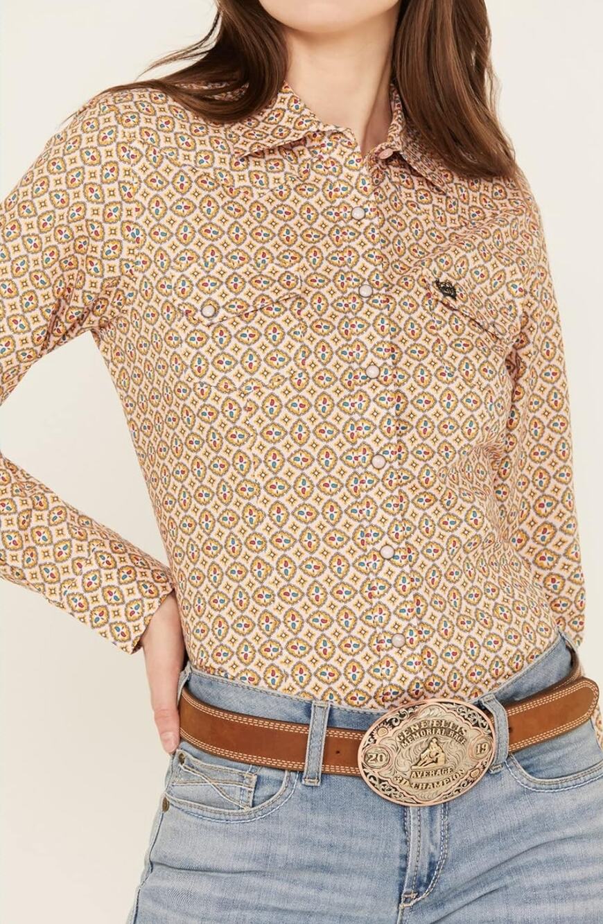 5687) Cinch Women Pink Geo Print Snap Button Long Sleeve XL Western Shirt